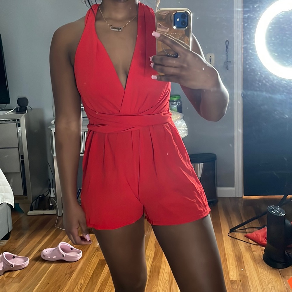 Halter Top Open Back Red Romper